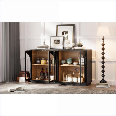 Sideboard Buffet Cabinet, Retro 4-Glass Door Storage with Adjustable Shelves (Black) | Rubber Wood Base | MDF+Oak Veneer