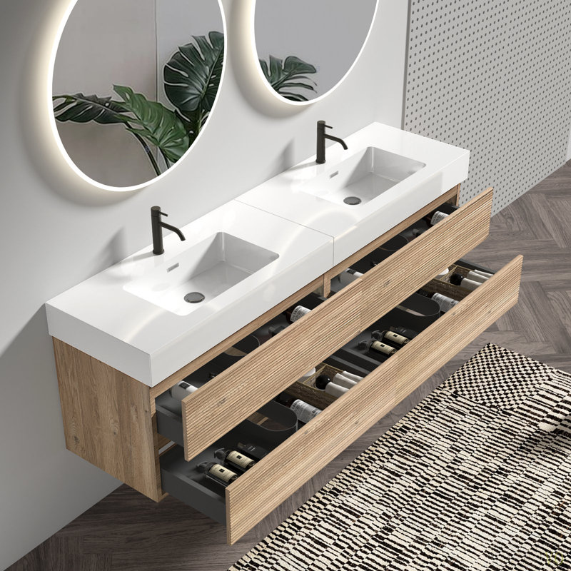 Meuble-lavabo 72 po (36 po * 2) avec lavabo à quartz et tiroirs, meuble-lavabo mural flottant, lavabo une pièce sans drainage et robinet, KD