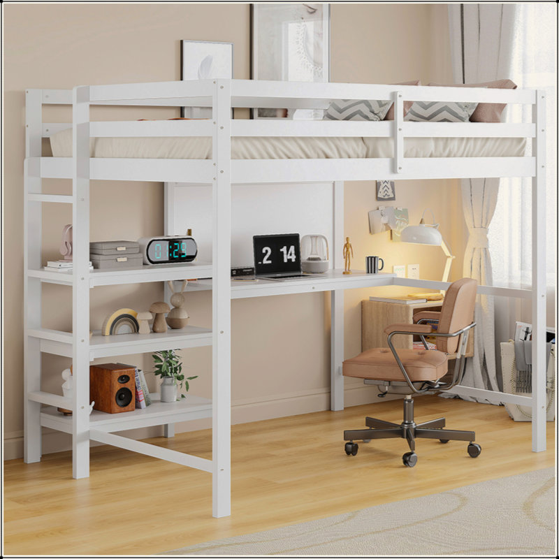 Lit mezzanine en bois avec tablettes, bureau et tableau d'écriture, Blanc