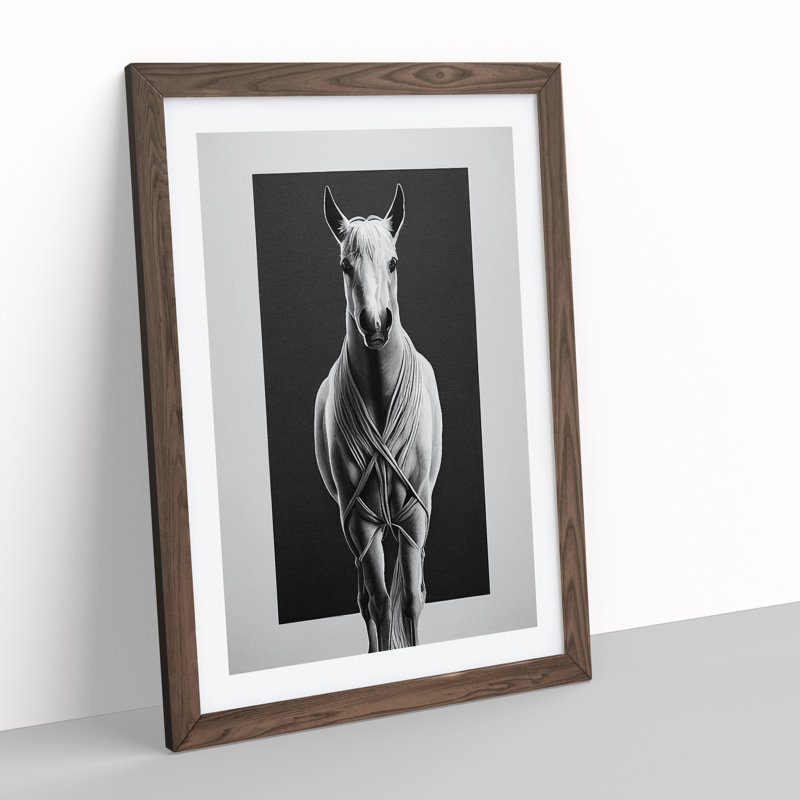 Monochrome Horse No.1 - Single Picture Frame Painting, 46cm H x 34cm W x 2cm D, Walnut