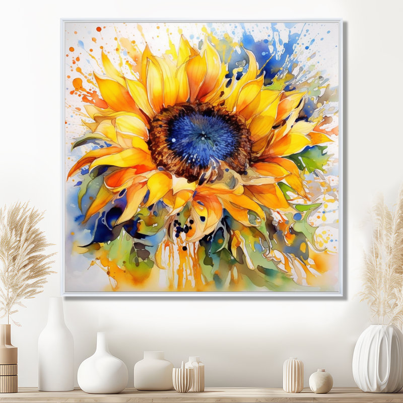 Jaune, bleu, doré, tournesols joyeux - art mural floral, Blanc, Reproduction avec cadre flottant, 44" H x 44" W
