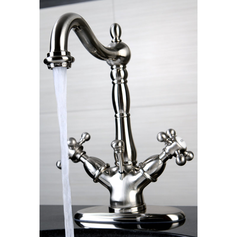 Kingston Brass Vintage Two-Handle 1-or-3 Hole Deck Mount Bathroom Faucet with Brass Pop-Up, Brushed Nickel