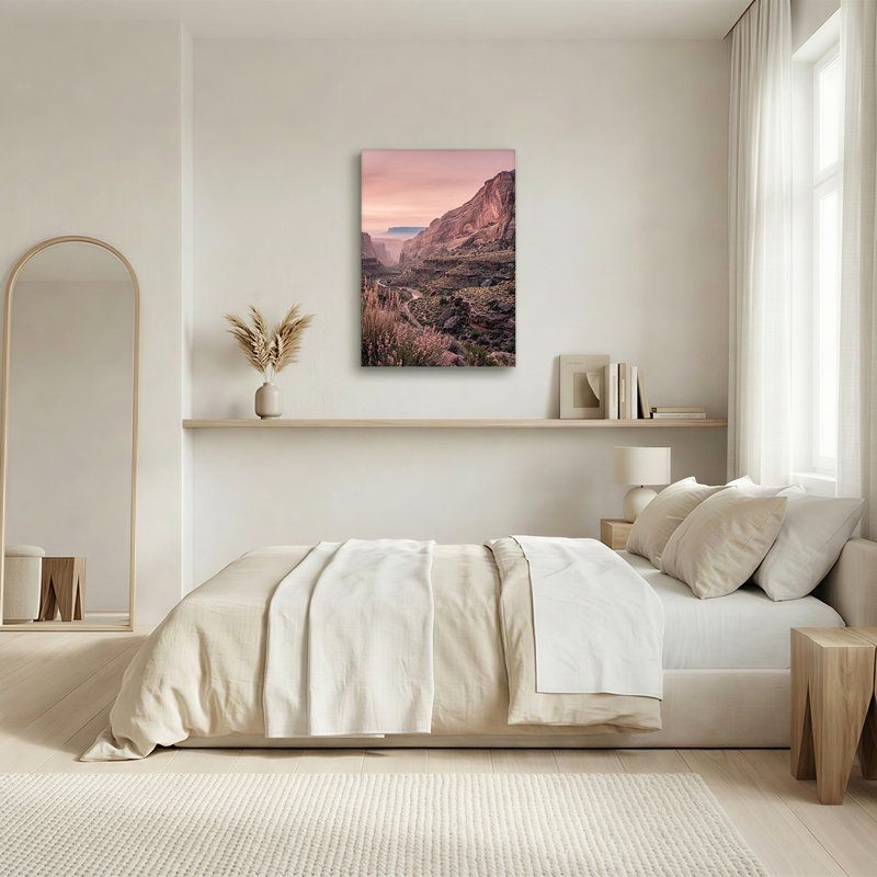 " Red Rock Canyon With Pink Flowers And Winding Road " Painting, 36"H x 24"W