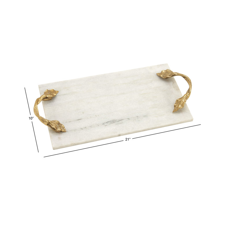 Elegance White Marble 21" x 10" Tray with Gold Leaf Handles