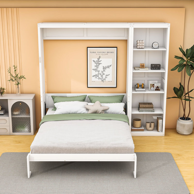 Lit escamotable en bois avec tablettes et tête de lit, Double, Blanc