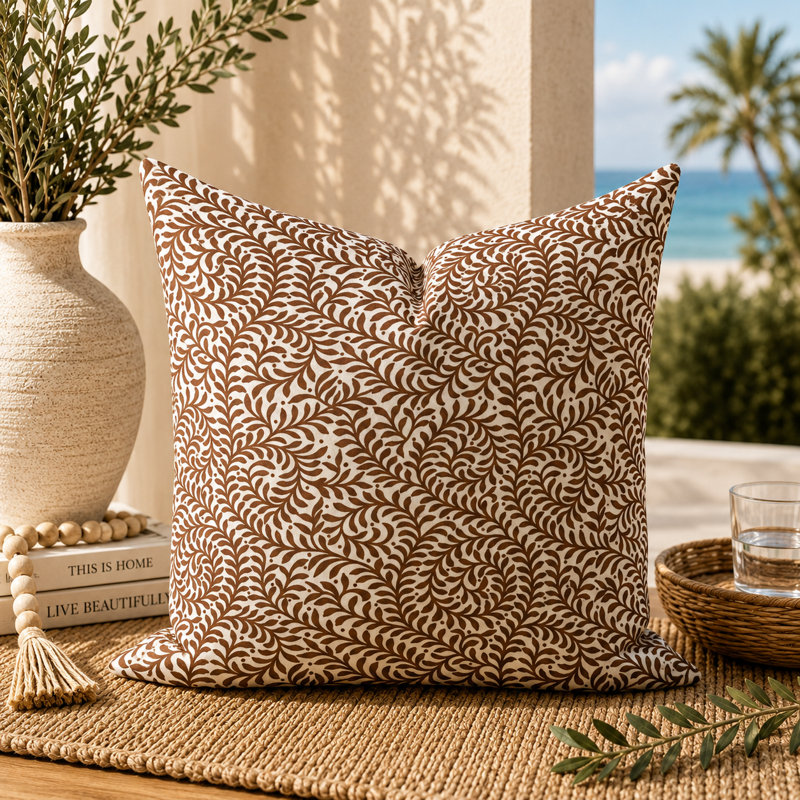 Housse de coussin d'extérieur à imprimé cachemire brun Cinamon, Carré 21 po