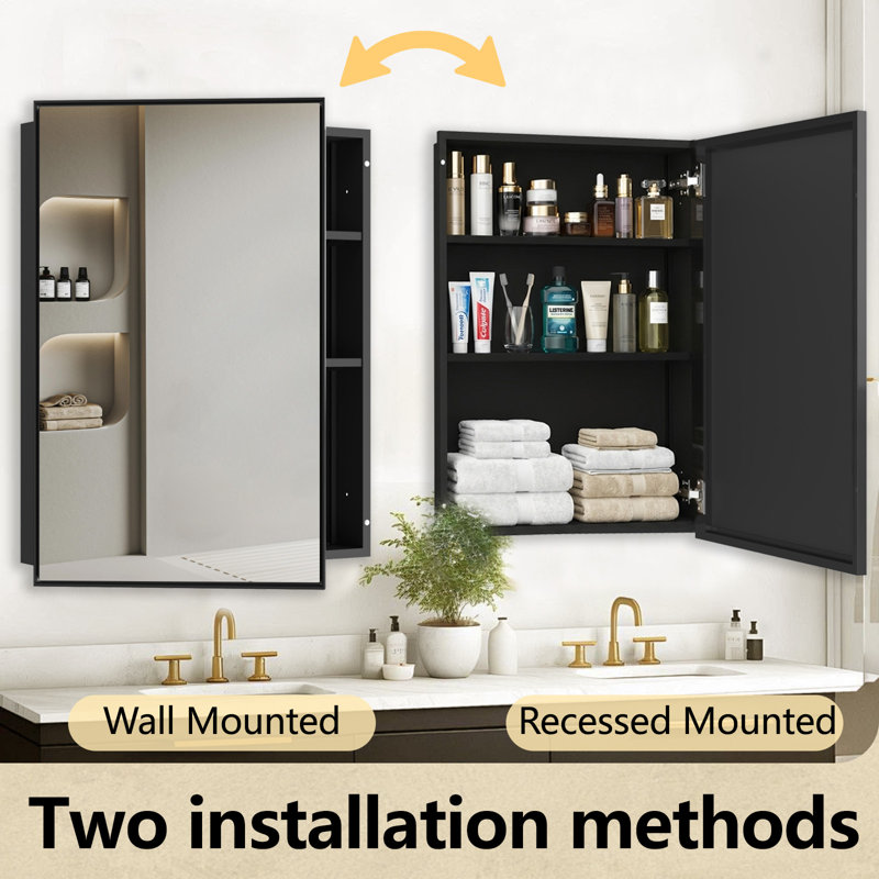 24"x 30" Black Medicine Cabinet with Aluminum Framed, Surface or Recessed Mount Mirror Cabinet with Large Storage