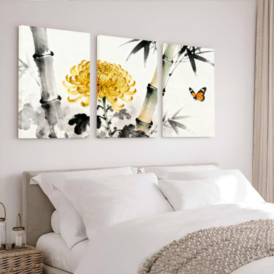 Chrysanthèmes et bambous avec papillons, peinture à l'encre, toile tendue sur châssis, style oriental traditionnel (lot de 3)
