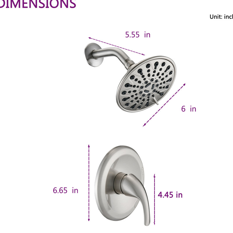Robinet de douche mural à poignée simple à 6 jets avec valve brute incluse, joint réglable pour 360 directions, trous, réglage de la température du levier, fonctions du corps en plastique nickel brossé