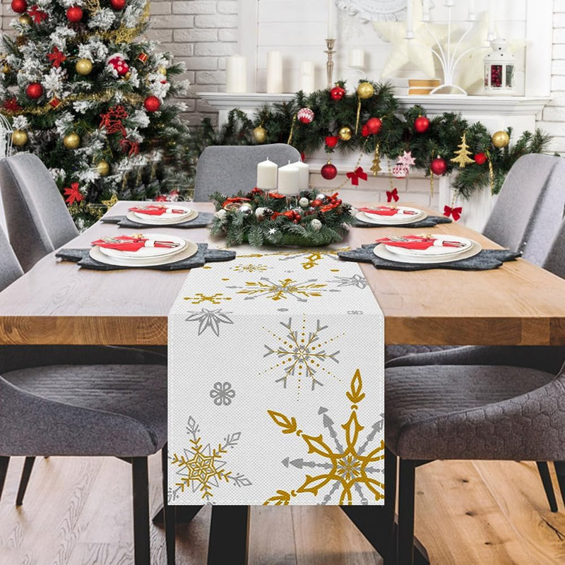Snowflake Table Runner, 72X13 Inch White And Gold Christmas Table Runner For Christmas Party Kitchen Dinner Decor (Gold)