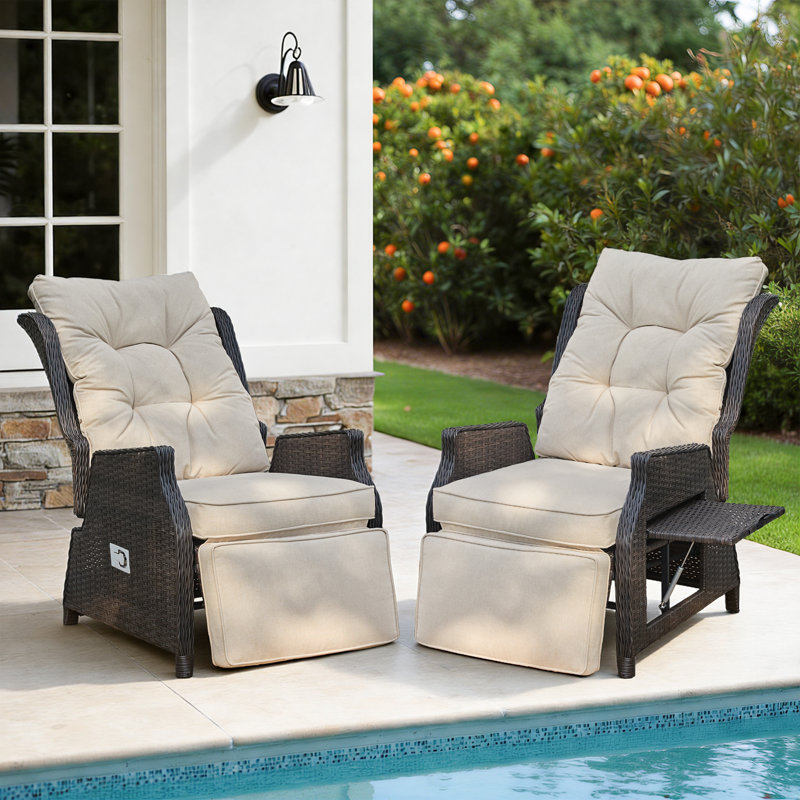 Fauteuil inclinable d'extérieur en osier 2 pièces avec dossier et repose-pieds réglables, Beige, Brun