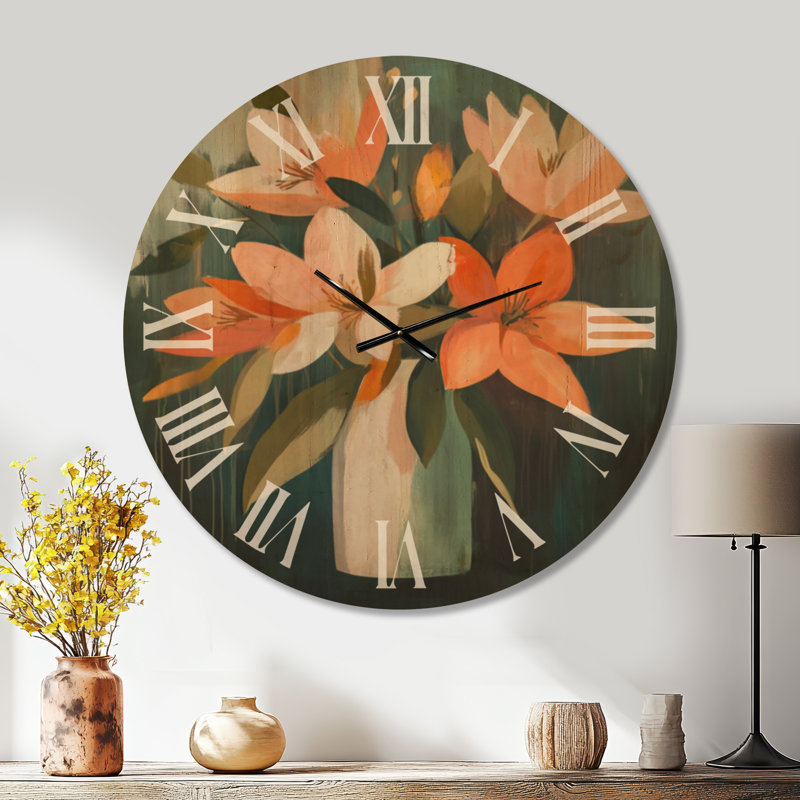 Vase Coral Bloom - Grande horloge murale en bois à motif floral, Très grand