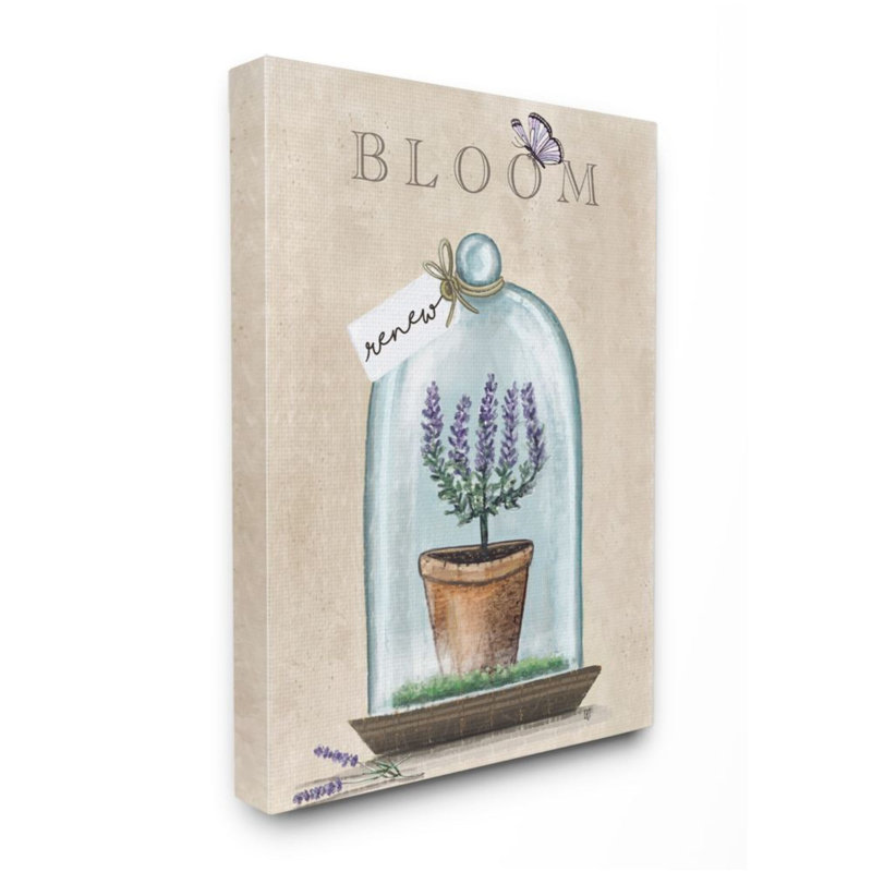 «Bloom and Renew Text Mauve Lavande Cloche» par Elizabeth Tyndall - impression d'art graphique, Toile tendue