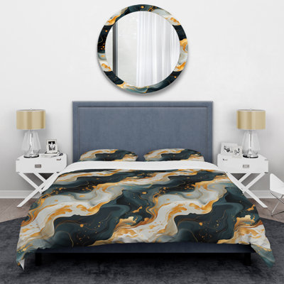 Gold Veins And Blue Marble Pattern I- Marble Duvet Cover Set - Microfiber Polyester