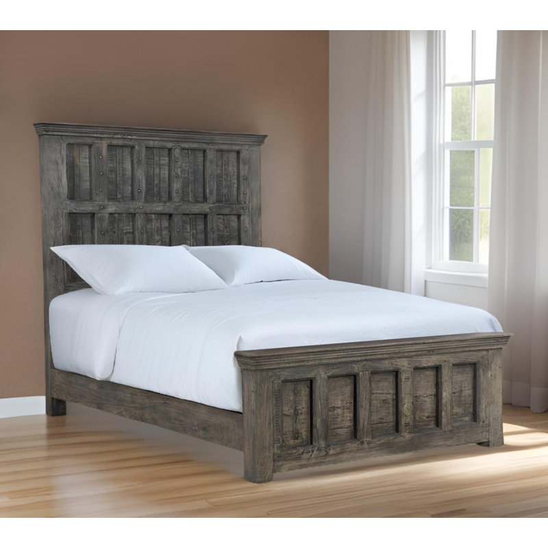 Brown Carved Geometric Distressed Solid Wood Queen Bed Frame