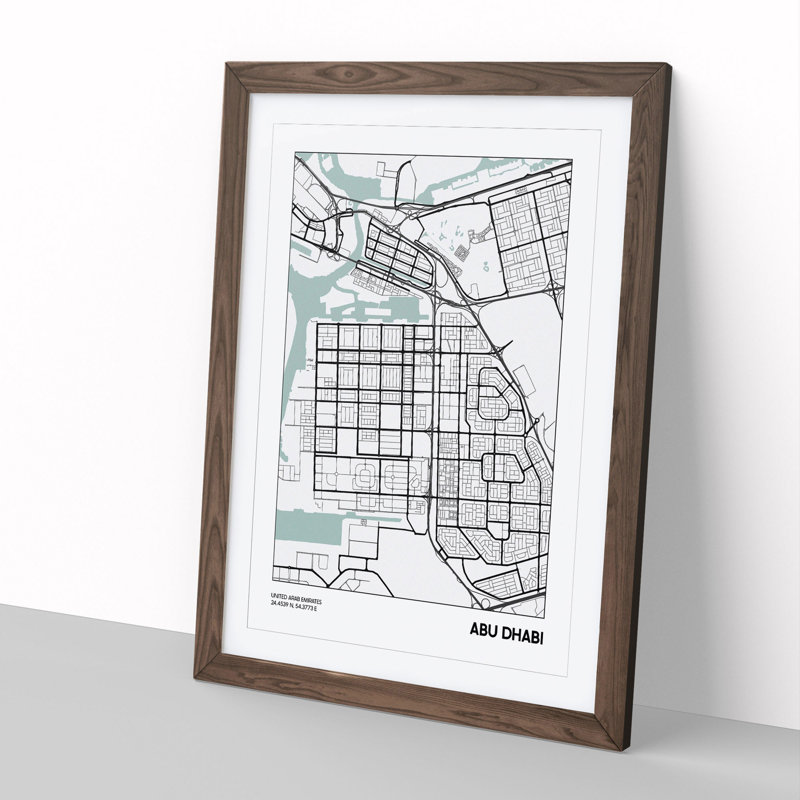 Map Abu Dhabi UAE - Picture Frame Graphic Art, 65cm H x 48cm W x 2cm D, Walnut Framed