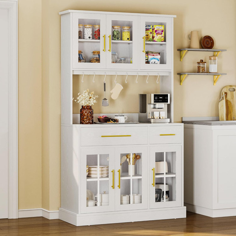 Armoire de rangement pour garde-manger de 71 po avec support pour micro-ondes, grande armoire de cuisine moderne avec prise de courant, garde-manger avec tiroirs et tablettes pour la maison, blanc