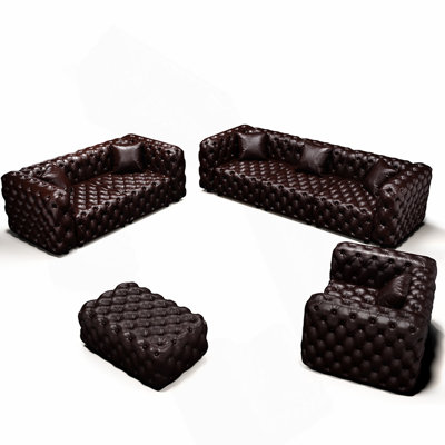 Modern Sofa Set, Faux Leather Upholstered Modular 6-Seater Sectional Couch with Pure Handmade Button Tufted Design,1 Ottoman & 6 Pillows, Multi Combin