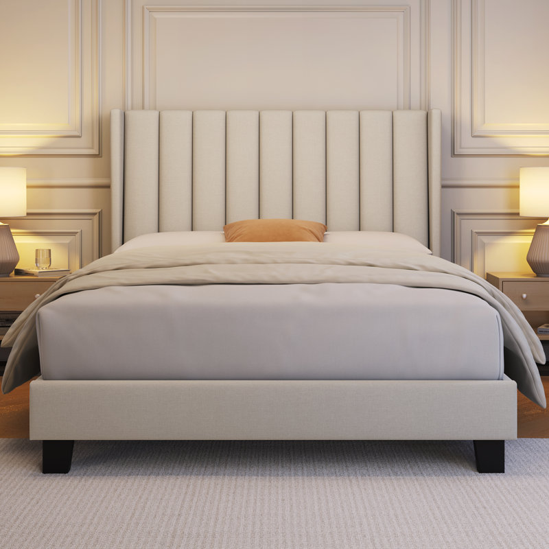 Upholstered Bed Frame with Channel Tufted Headboard, Beige, Double (4'6)