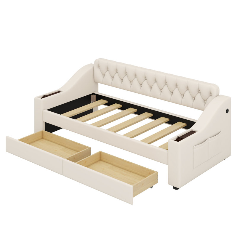 Lit de jour rembourré avec accoudoirs de rangement et port USB, Beige