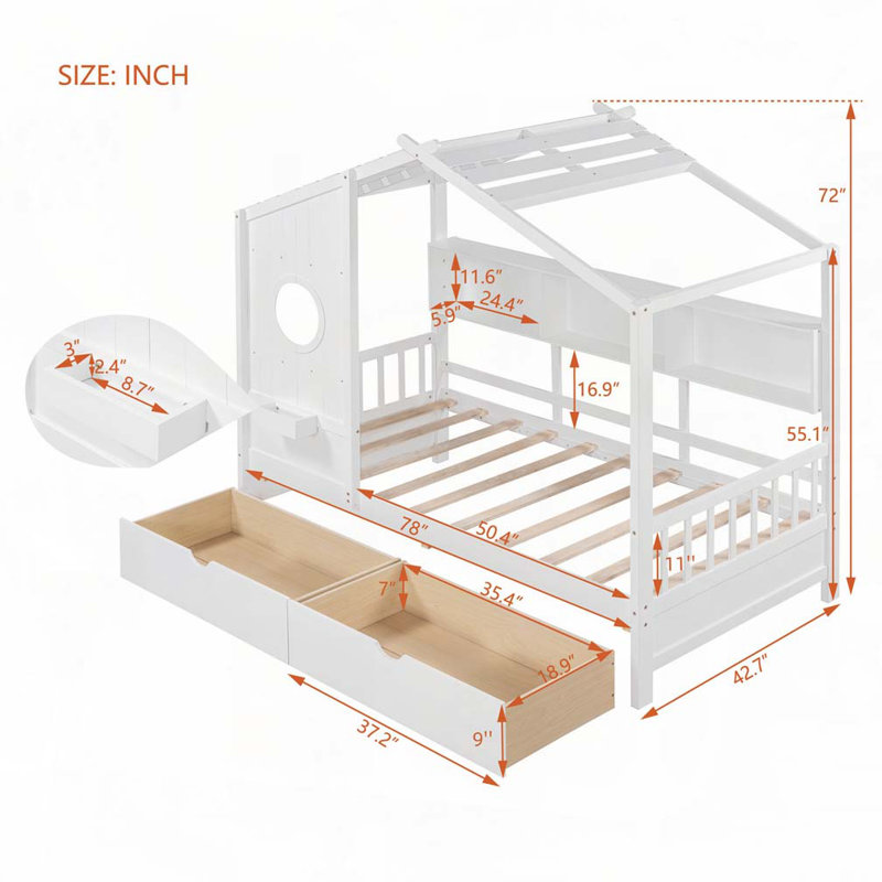 Lit en bois avec 2 tiroirs, tablette, Lit simple