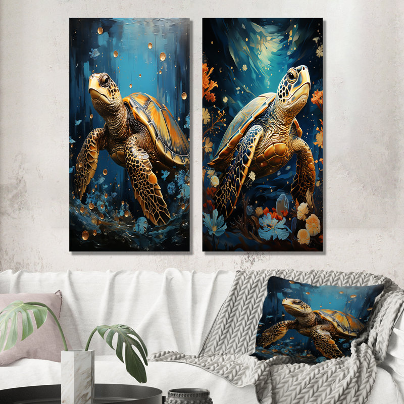 Ensemble de 2 décorations murales sous-marine Golden Shell - Tortue, H 28 po x l 25 po, Toile tendue