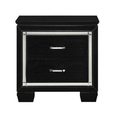 Bedroom Nightstand In Black With Faux Alligator Textured Front And 2 Drawer Bins For Storage Wood Color