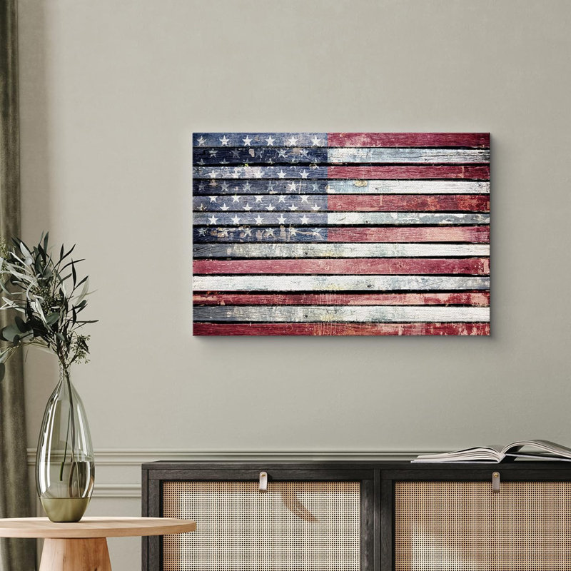 Country Flag " Vintage Industrial Faded American Flag Shapes Wood Panels ", 24" H x 36" W x 1.5" D