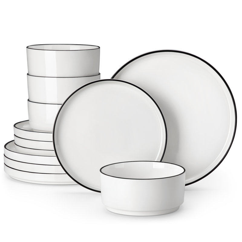 Piece Porcelain China Dinnerware Set - Service for 4, Black/White