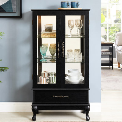 Vitrine éclairée avec tablettes ajustables, portes, fond miroir, poignées vintage et tiroir - Facile à installer, idéale pour la décoration intérieure.