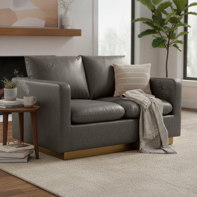 Berengarius Leather Loveseat with Gold Stainless Steel Base, Similicuir gris
