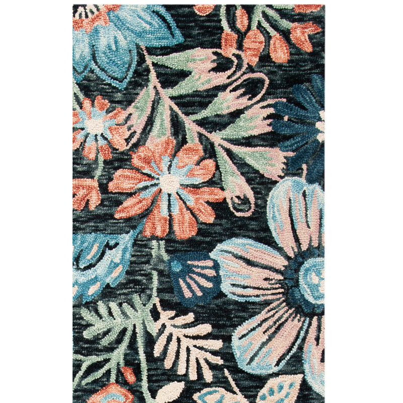 Lonie Hand Tufted Wool/Cotton Floral Rug in Blue/Charcoal, Rectangle 4' x 6'