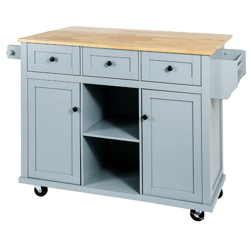Drop Kitchen Cart With 5 Wheels, 3 Drawers, Grey Blue For Compact Family Organization Island Wheels & Tabletop, Cabinet Storage,