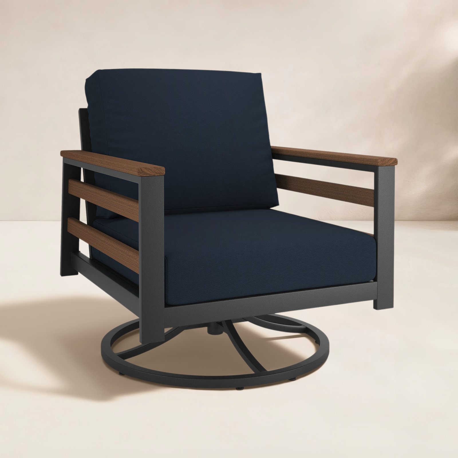 Townsend Sunbrella® Metal Swivel Patio Rocking Chair, Canvas Navy, Brown