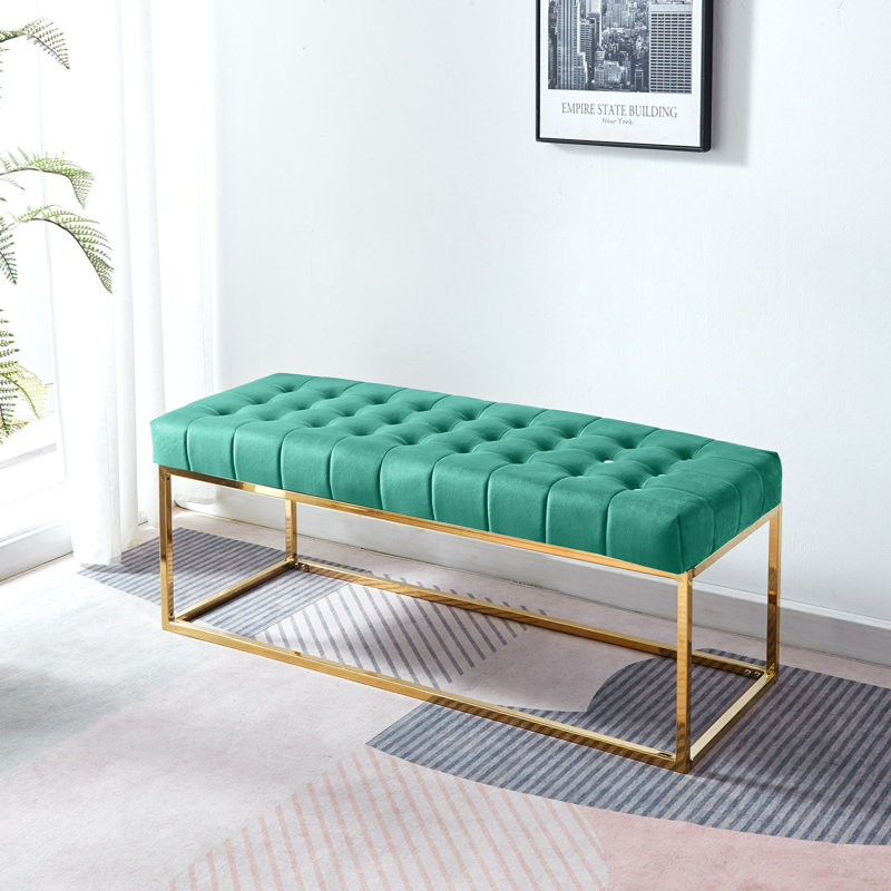 Greydi Tufted Velvet Bench with Gold Chrome Legs, Green