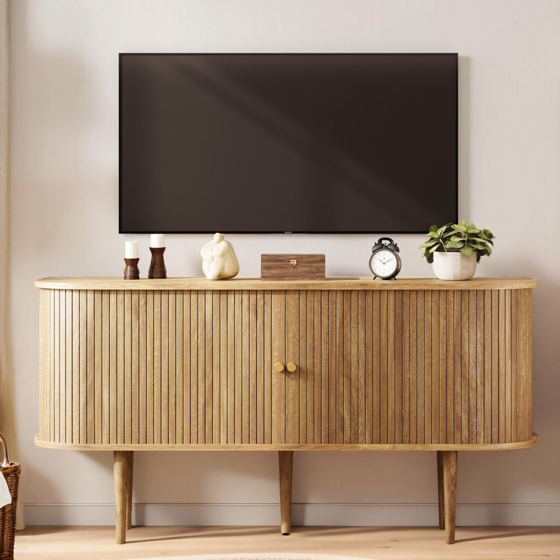 Baheerah 55" Mid Century Modern Sideboard With Tambour Door & Solid Wood Legs, Natural, Natural
