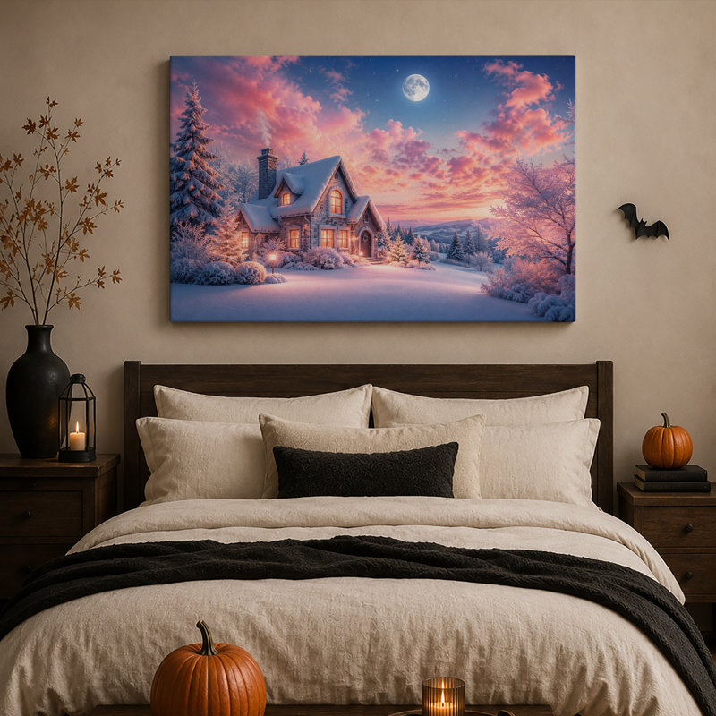 Maison en pierre enneigée sous la pleine lune - Toile murale d'Halloween, H 16 po x l 24 po