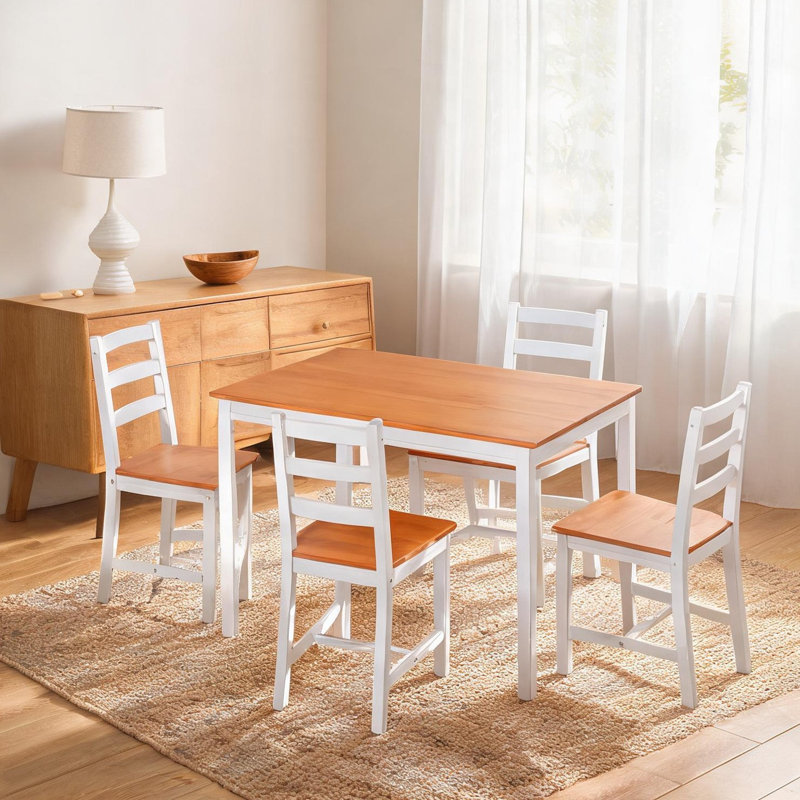 Ensemble de salle à manger 4 personnes en bois massif avec finition blanche classique, table de cuisine compacte et chaises pour petits espaces