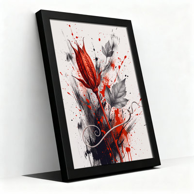 Art floral sur toile rouge avec des feuilles grises et des éclaboussures d'encre noire