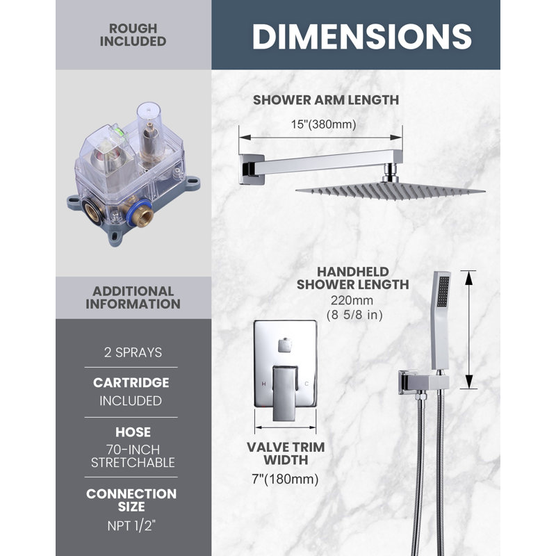 2 jets 10 po Système de douche mural avec pomme de douche carrée et douche à main avec soupape brute de 1,8 GPM incluse