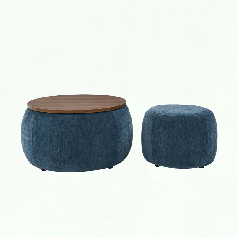 Repose-pieds rond avec rangement 2 en 1, table de bout convertible et repose-pieds avec petit siège, Bleu très foncé