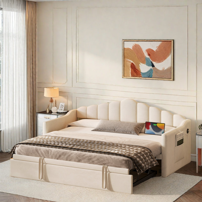 Upholstered Daybed With Pop Up Trundle, Charging Ports, 2 Side Pockets And Curved Backrest Design, Beige