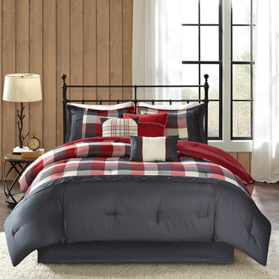 Red King 7 Piece Comforter - Herringbone Textured Fabric Buffalo Plaid Filling Decorative Pillows & Bed Skirt Machine Cleanable Style 2 Shams, 3 Pillows, Washable Bedding