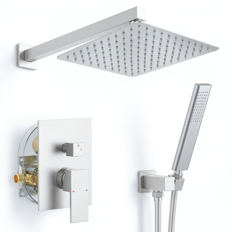 Système de douche de pluie mural de 12 pouces avec douche à main et valve brute, Nickel brossé