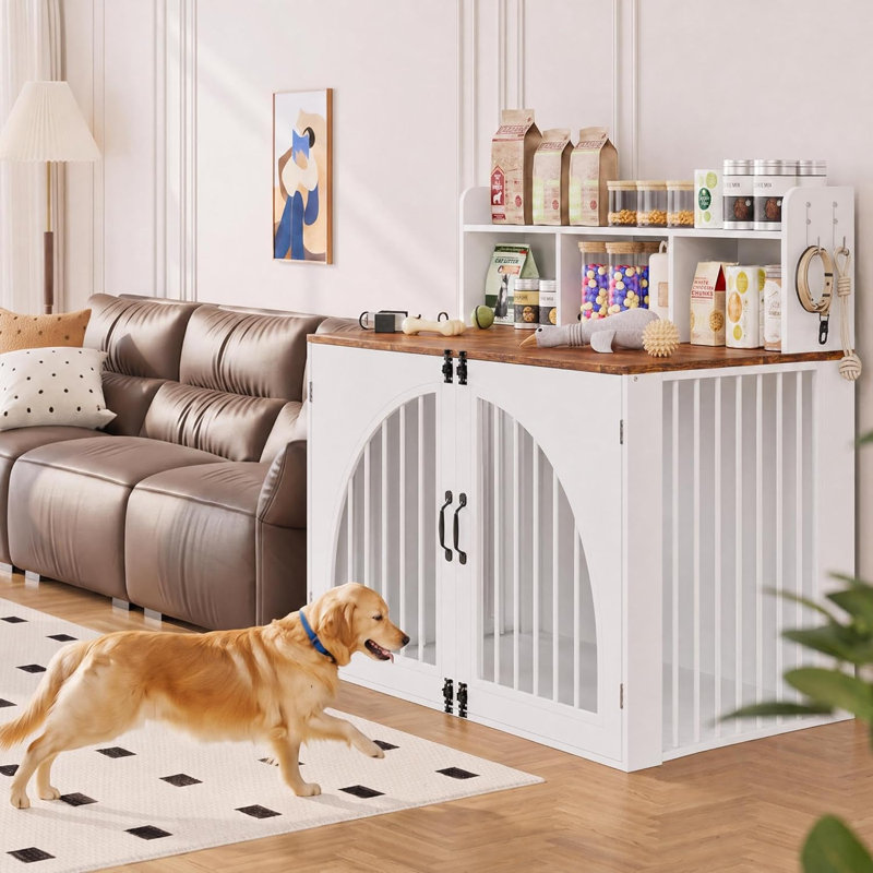 Cage pour chien avec rangement ouvert, Grand, Blanc + brun