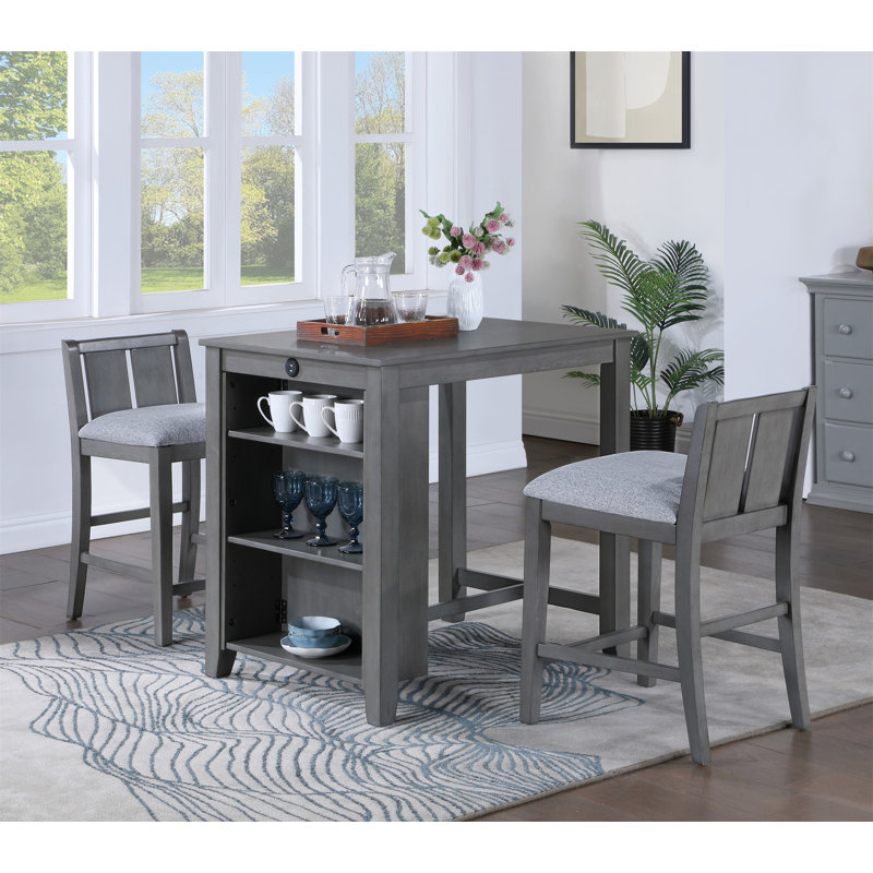 Table de salle à manger à hauteur de comptoir 3 pièces avec tablettes et 2 chaises Graham, Gris clair, Gris, Gris