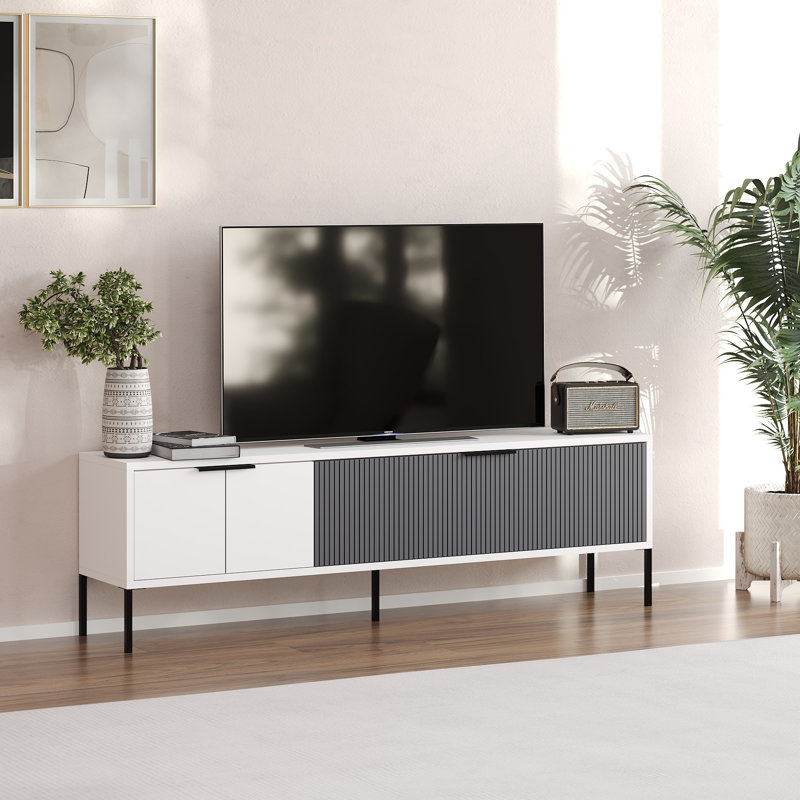 Modern TV Stand, White & Anthracite, 59.1 x 17.7 x 11.8 inches | 100% Melamine Coated Particle Board, Thickness: 0.7 inches | Wall-Mountable, Geometric Design, Stylish & Functional for Living Room & Entertainment Spaces