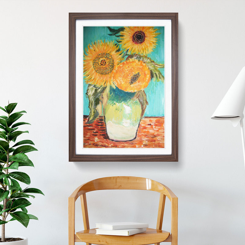 Sunflowers in a Vase by Vincent Van Gogh - Picture Frame Painting, 36cm H x 27cm W x 2cm D, Walnut Framed