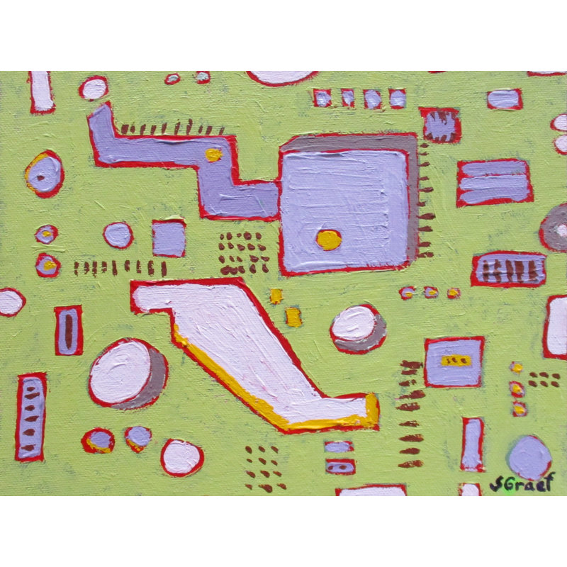 Circuit Board # 1 par Sue Graef - Peinture, Papier avec cadre noir, H 25,25 po x l 31,25 po