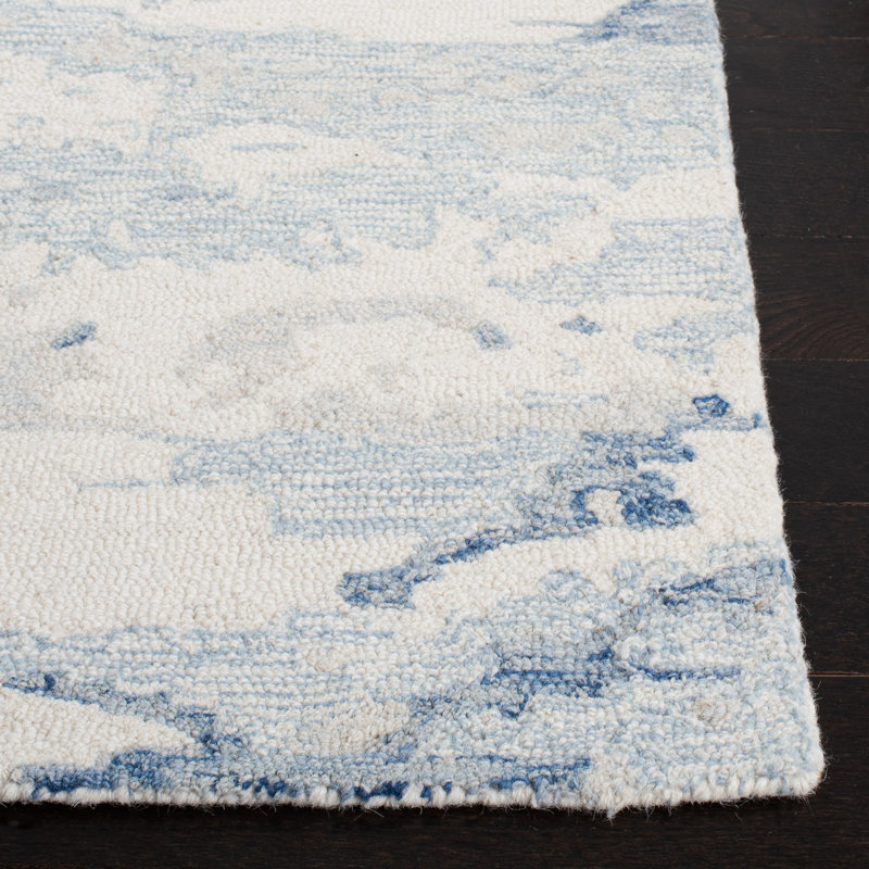 Ivory and Blue Abstract Hand-Tufted Wool 8' x 10' Rug